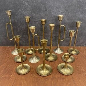 Vintage Brass Taper Candlestick Holders Mixed Lot of 12 Minimalist Horn Tulip